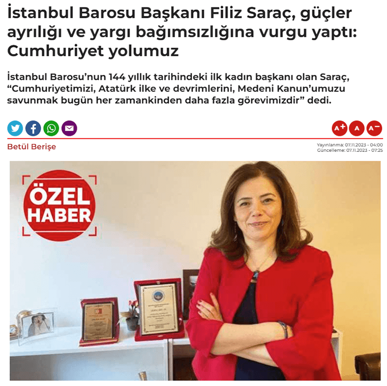 Baro Başkanımız Av. Filiz Saraç'tan Cumhuriyet'e Özel Röportaj