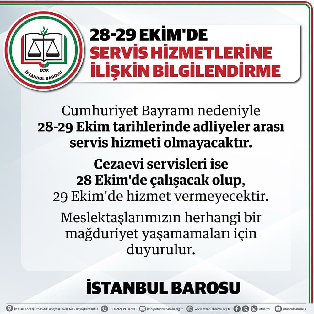28-29 EKİM'DE SERVİS HİZMETLERİNE İLİŞKİN BİLGİLENDİRME