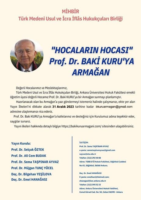 Prof. Dr. Baki KURU’ya Armağan Duyurusu