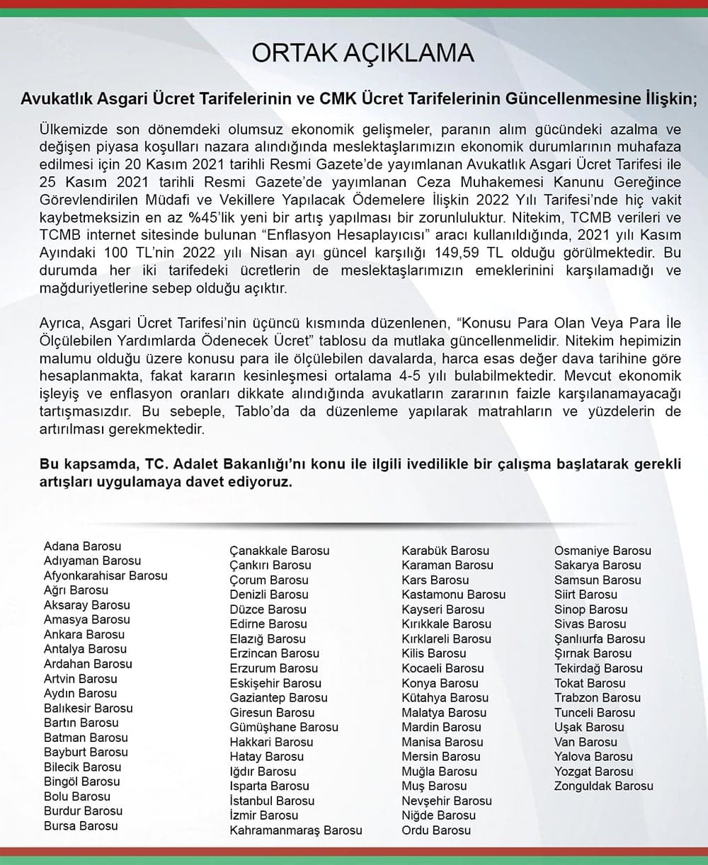 Avukatlık Asgari Ücret Tarifelerinin ve CMK Ücret Tarifelerinin Güncellenmesine İlişkin Ortak Açıklama