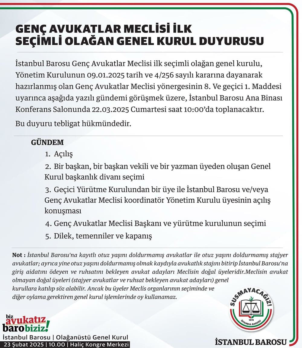 Genç Avukatlar Meclisi İlk Seçimli Olağan Genel Kurul Duyurusu