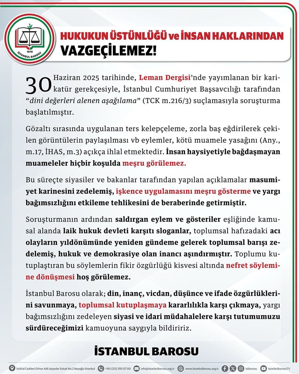 Hukukun Üstünlüğü ve İnsan Haklarından Vazgeçilemez