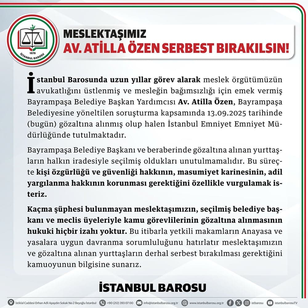 Meslektaşımız Av. Atilla Özen Serbest Bırakılsın!