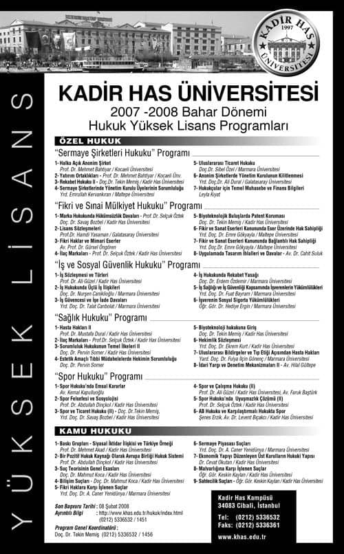 Kadir Has Üniversitesi 2007-2008 Bahar Dönemi Yüksek Lisans Programları