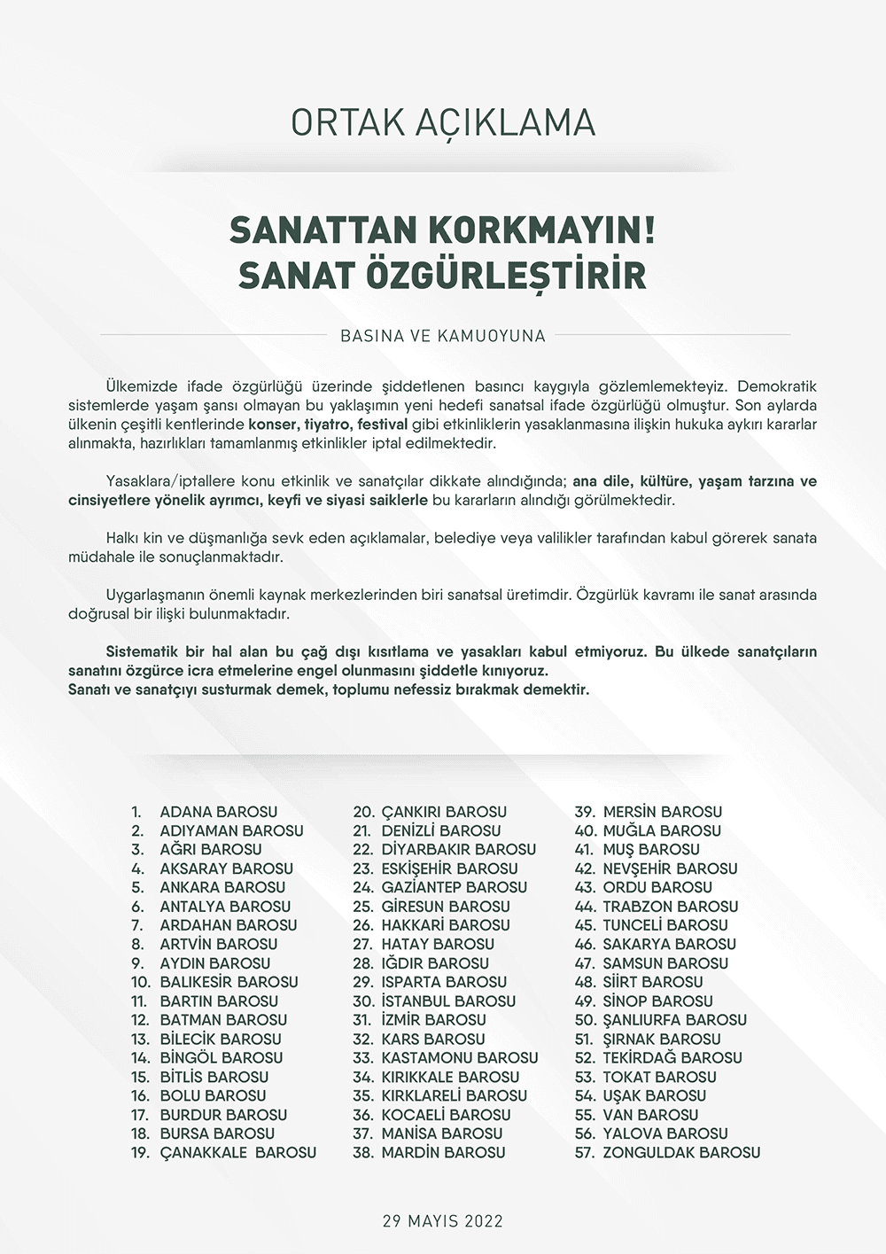 Ortak Açıklama: Sanattan Korkmayın! Sanat Özgürleştirir