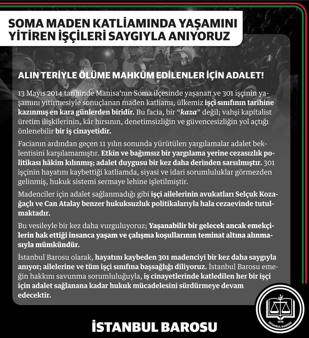 Soma Maden Katliamında Yaşamını Yitiren İşçileri Saygıyla Anıyoruz 