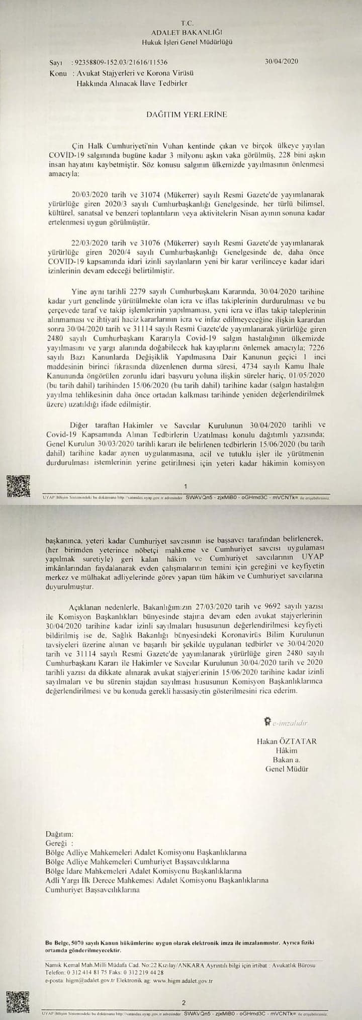 Avukat Stajyerleri ve Korona Virüsü Hakkında alınacak İlave Tedbirler