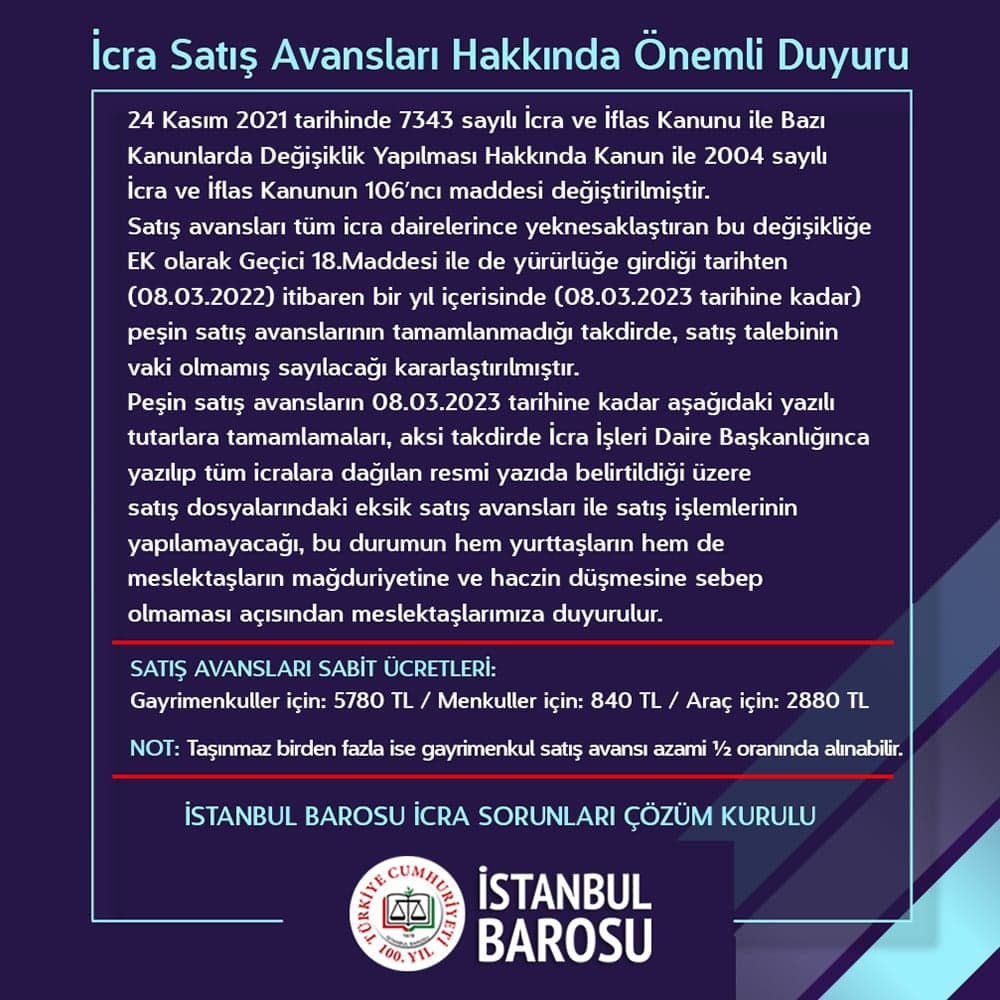 İcra Satış Avansları Hakkında Önemli Duyuru