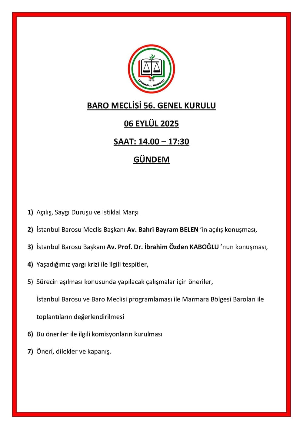 Baro Meclisi’nin 56. Olağan Genel Kurulu 6 Eylül’de Toplanacak