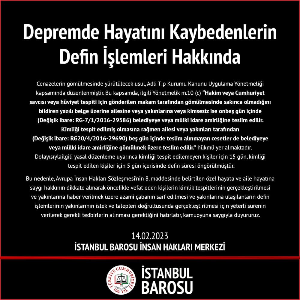 Depremde Hayatını Kaybedenlerin Defin İşlemleri Hakkında