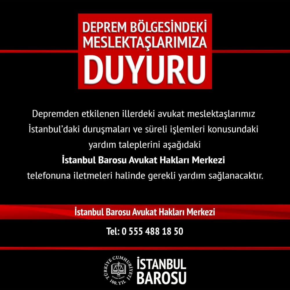 Deprem Bölgesindeki Meslektaşlarımıza Duyuru