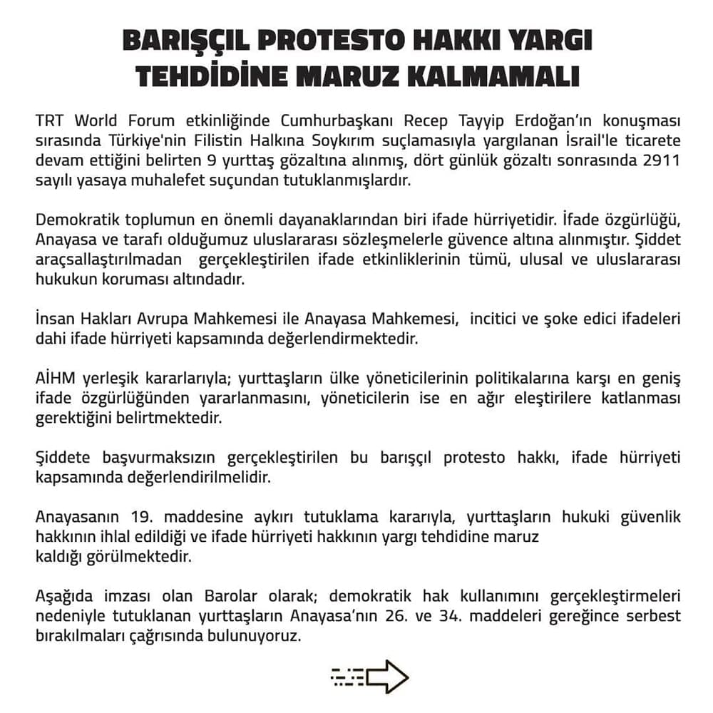 Barolardan Ortak Açıklama: Barışçıl Protesto Hakkı Yargı Tehdidine Maruz Kalmamalı