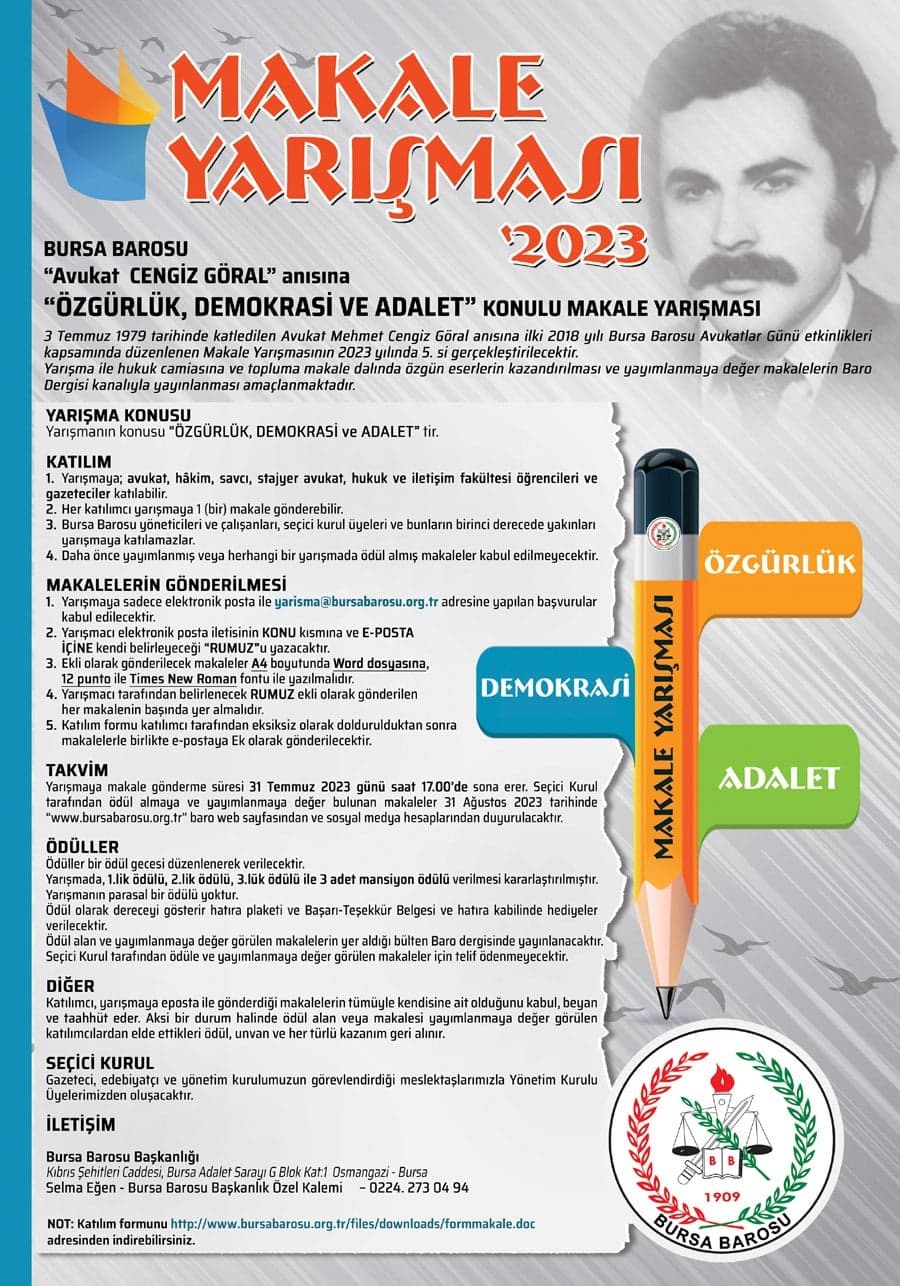Bursa Barosu’ndan ‘Av. Cengiz Göral Makale Yarışması’ ve ‘Av. Özgür Aksoy Şiir Yarışması’