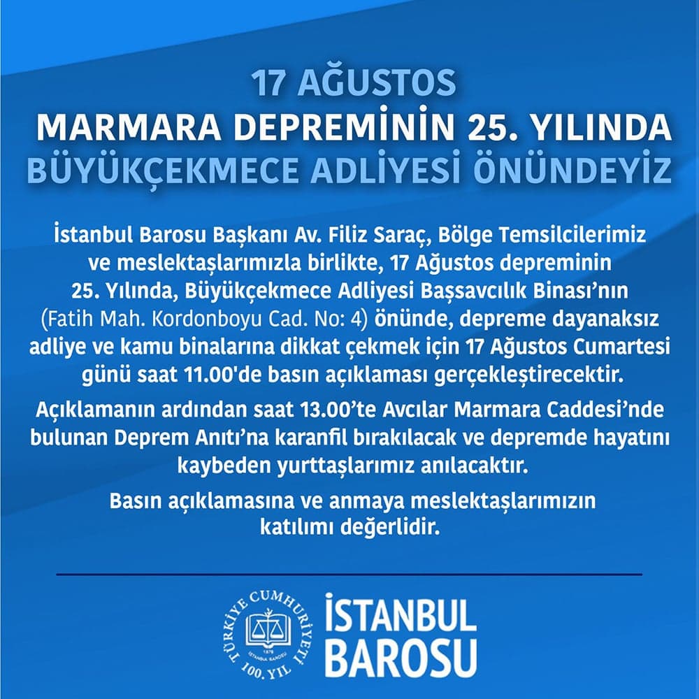 17 Ağustos Marmara Depreminin 25. Yılında Büyükçekmece Adliyesi Önündeyiz