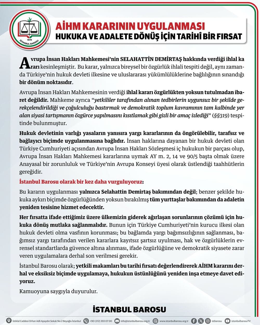 AİHM Kararının Uygulanması: Hukuka ve Adalete Dönüş İçin Tarihî Bir Fırsat