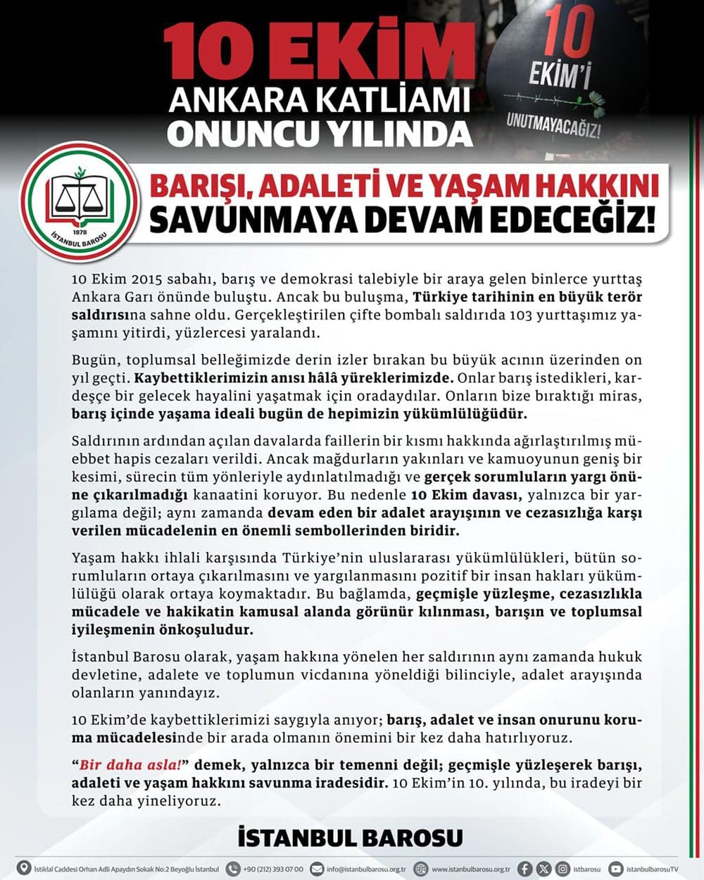 10 Ekim’in 10. Yılında: Barışı, Adaleti ve Yaşam Hakkını Savunmaya Devam Edeceğiz