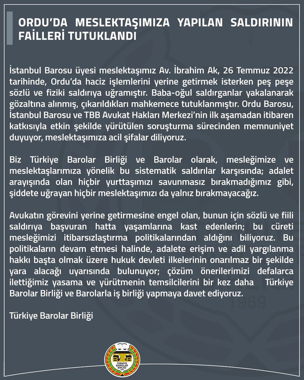 Ordu'da Meslektaşımıza Yapılan Saldırının Failleri Tutuklandı