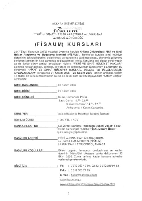 Kurs "Fikri Ve Sınai Mülkiyet Hakları,Ulusal Ve Uluslararası Uygulamalar"