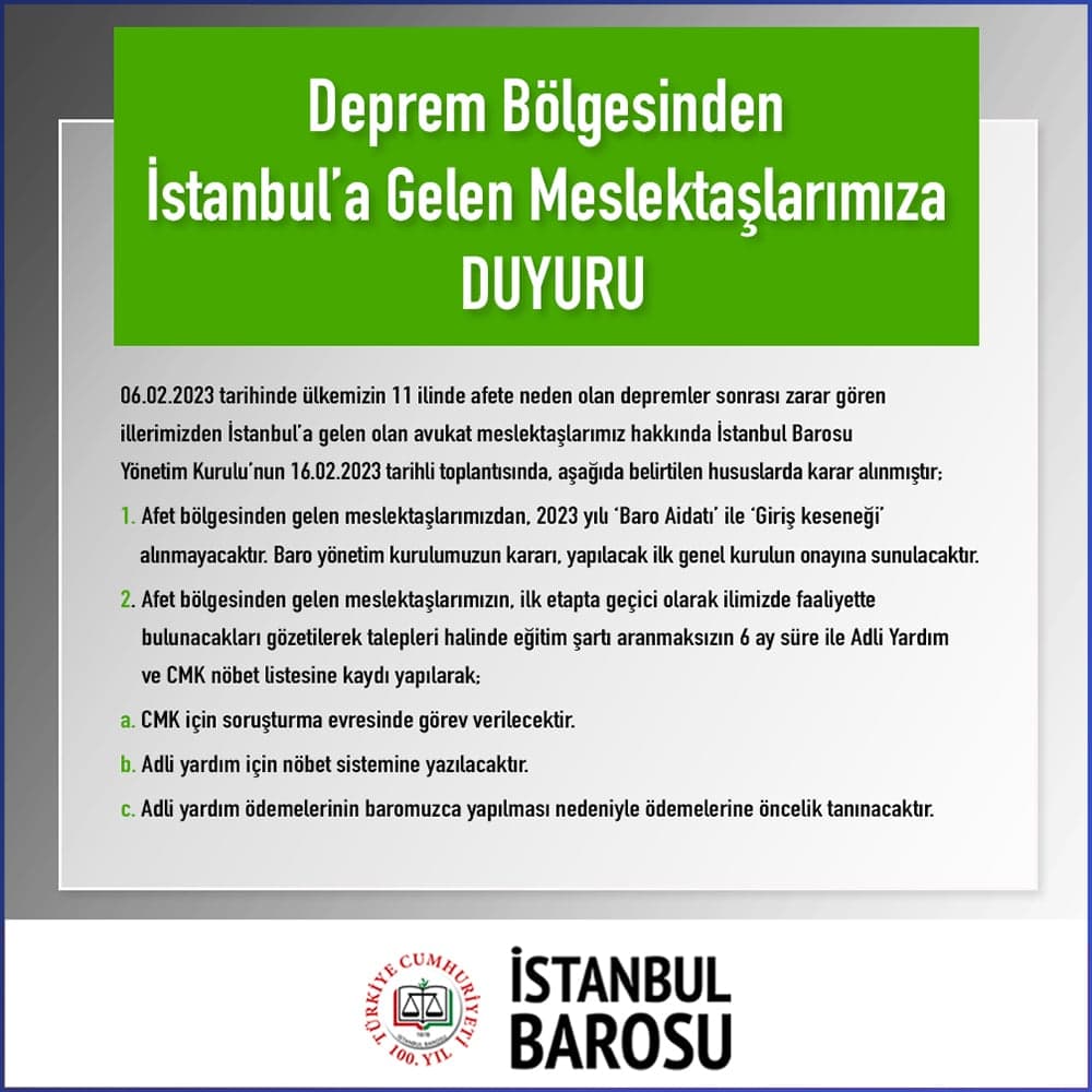 Deprem Bölgesinden İstanbul’a Gelen Meslektaşlarımıza Duyuru