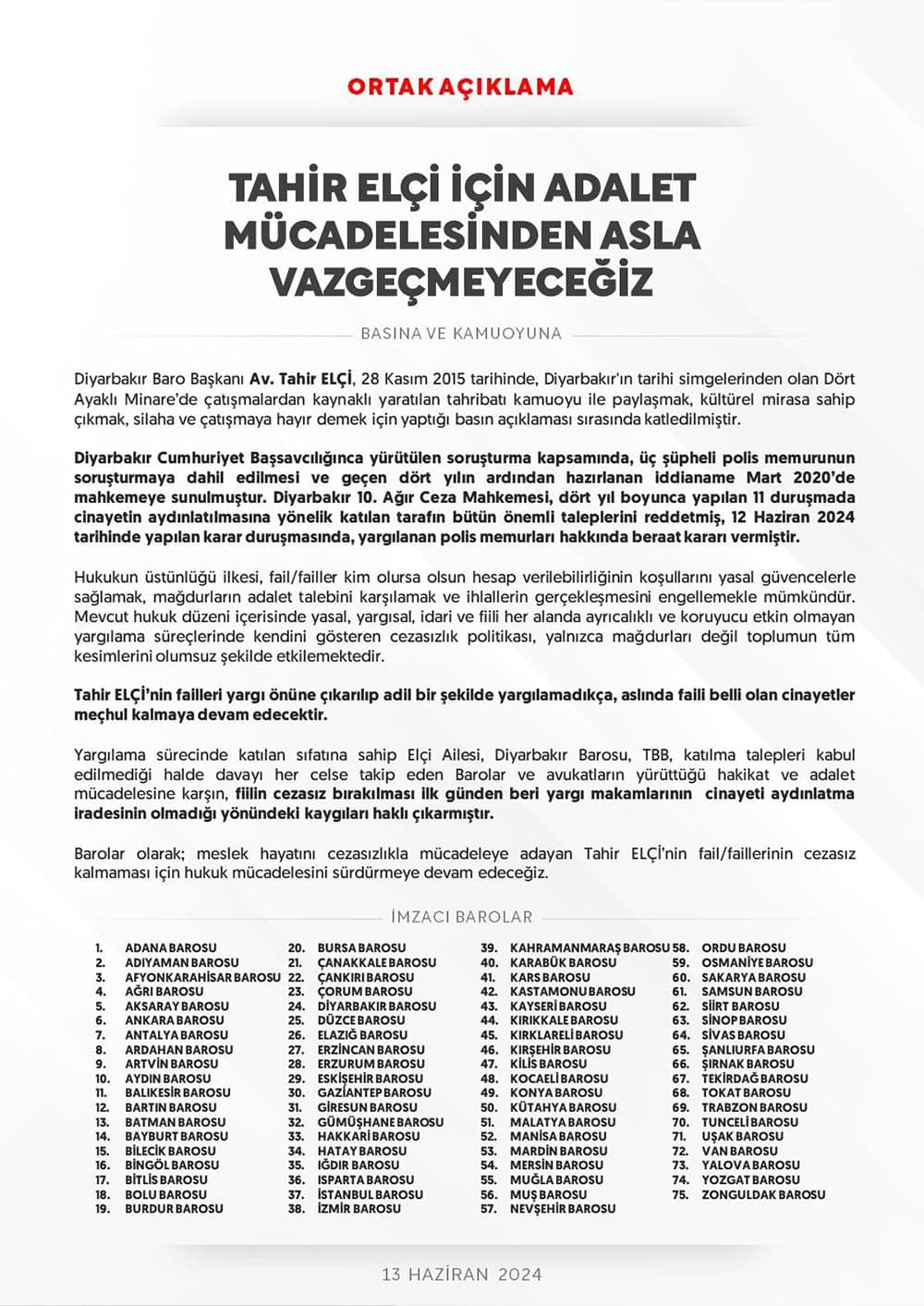 Tahir Elçi İçin Adalet Mücadelesinden Asla Vazgeçmeyeceğiz