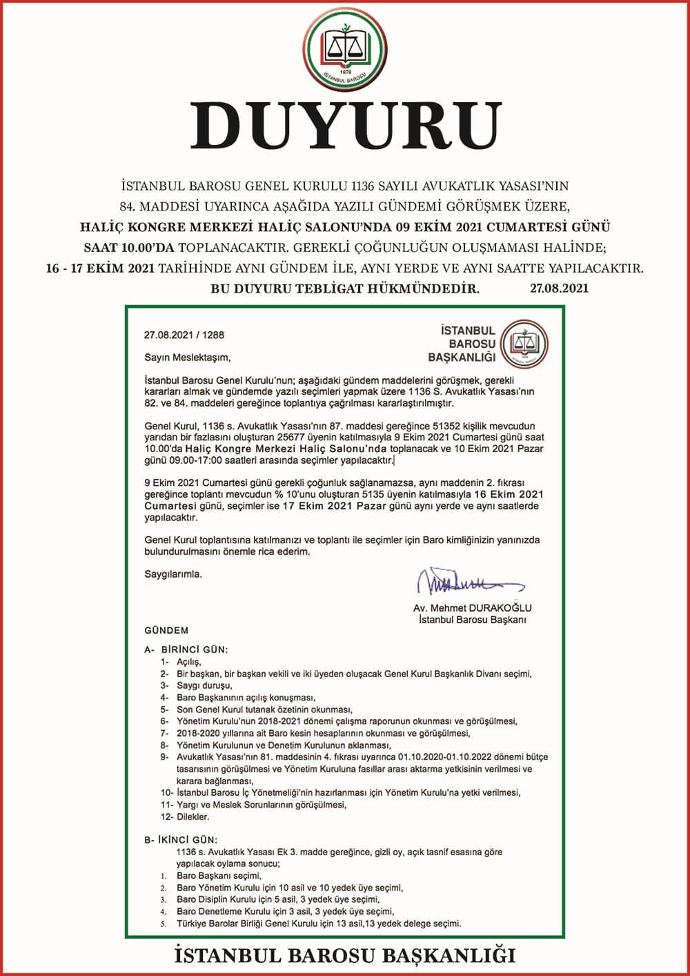 İstanbul Barosu Genel Kurulu Hakkında Duyuru