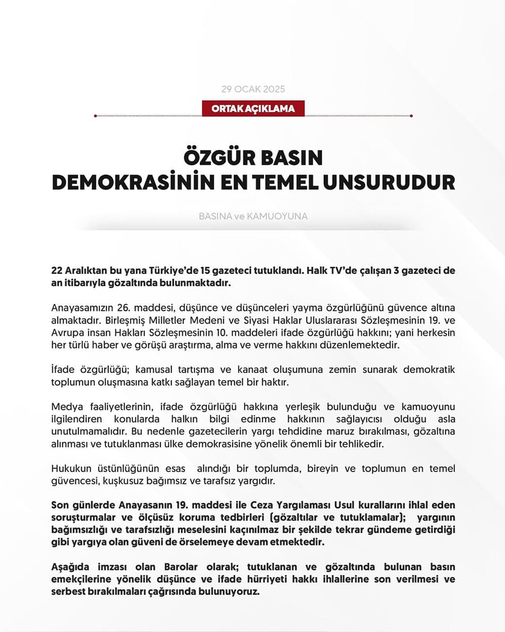 Ortak Açıklama: Özgür Basın Demokrasinin En Temel Unsurudur
