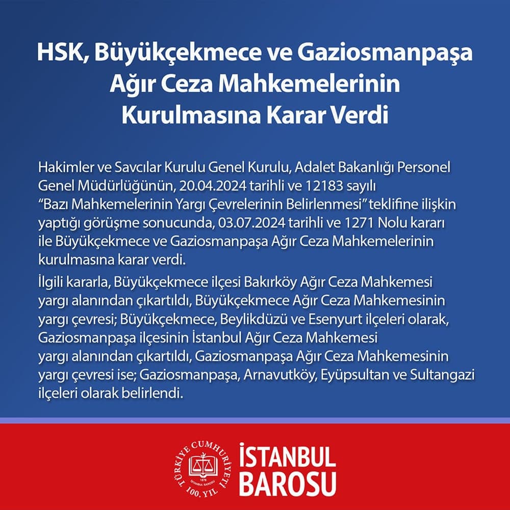 HSK Büyükçekmece ve Gaziosmanpaşa Ağır Ceza Mahkemelerinin Kurulmasına Karar Verdi