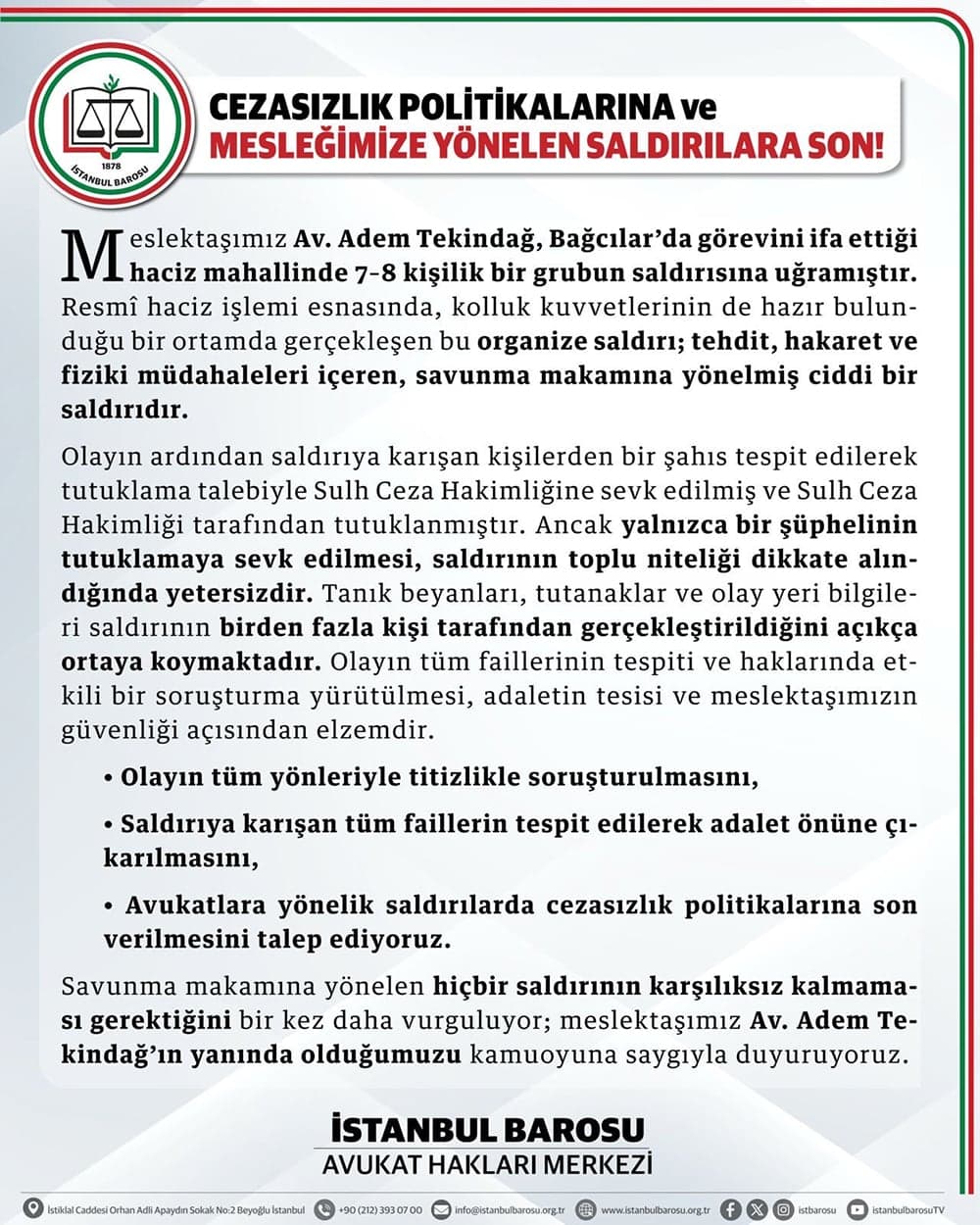 Cezasızlık Politikalarına ve Mesleğimize Yönelen Saldırılara Son!