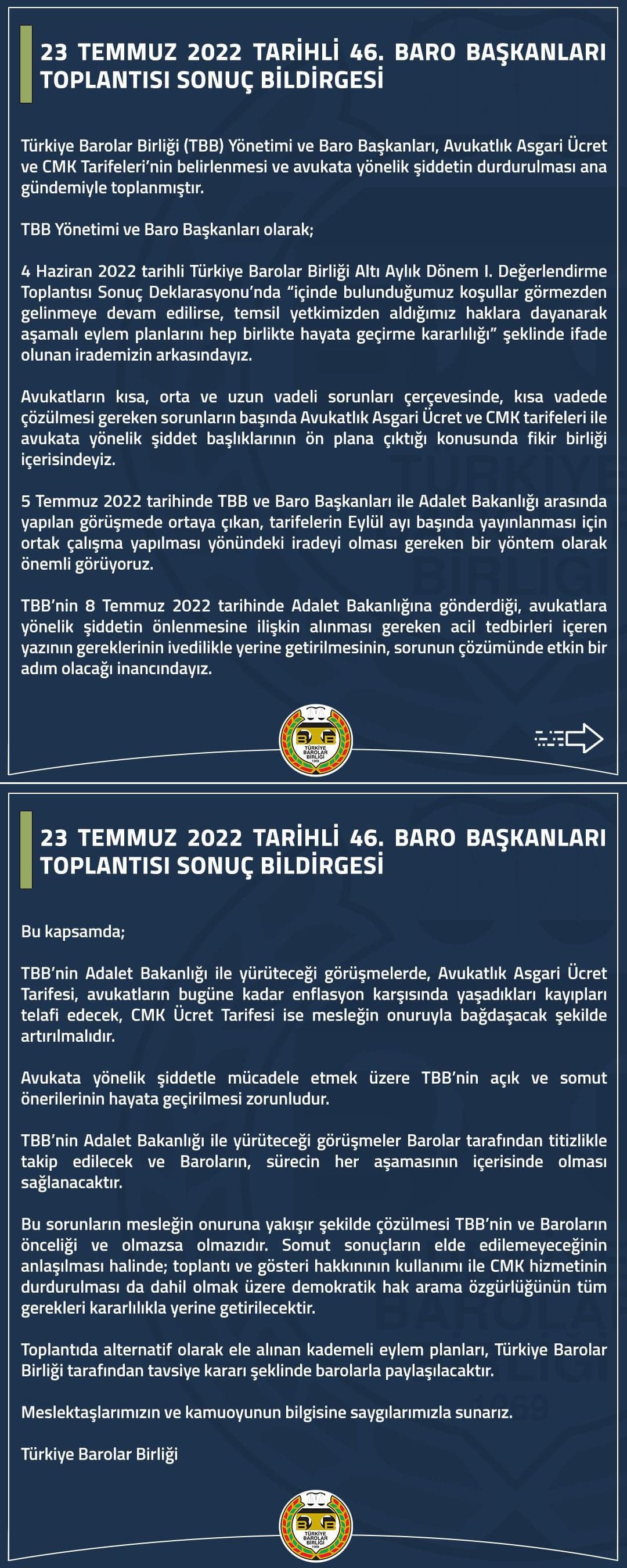 23 Temmuz 2022 Tarihli 46. Baro Başkanları Toplantısı Sonuç Bildirgesi