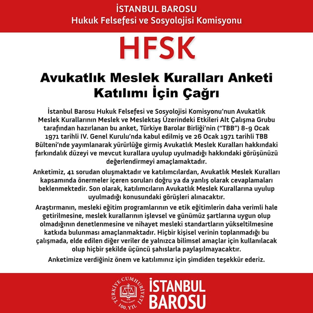 Avukatlık Meslek Kuralları Anketi Katılımı İçin Çağrı