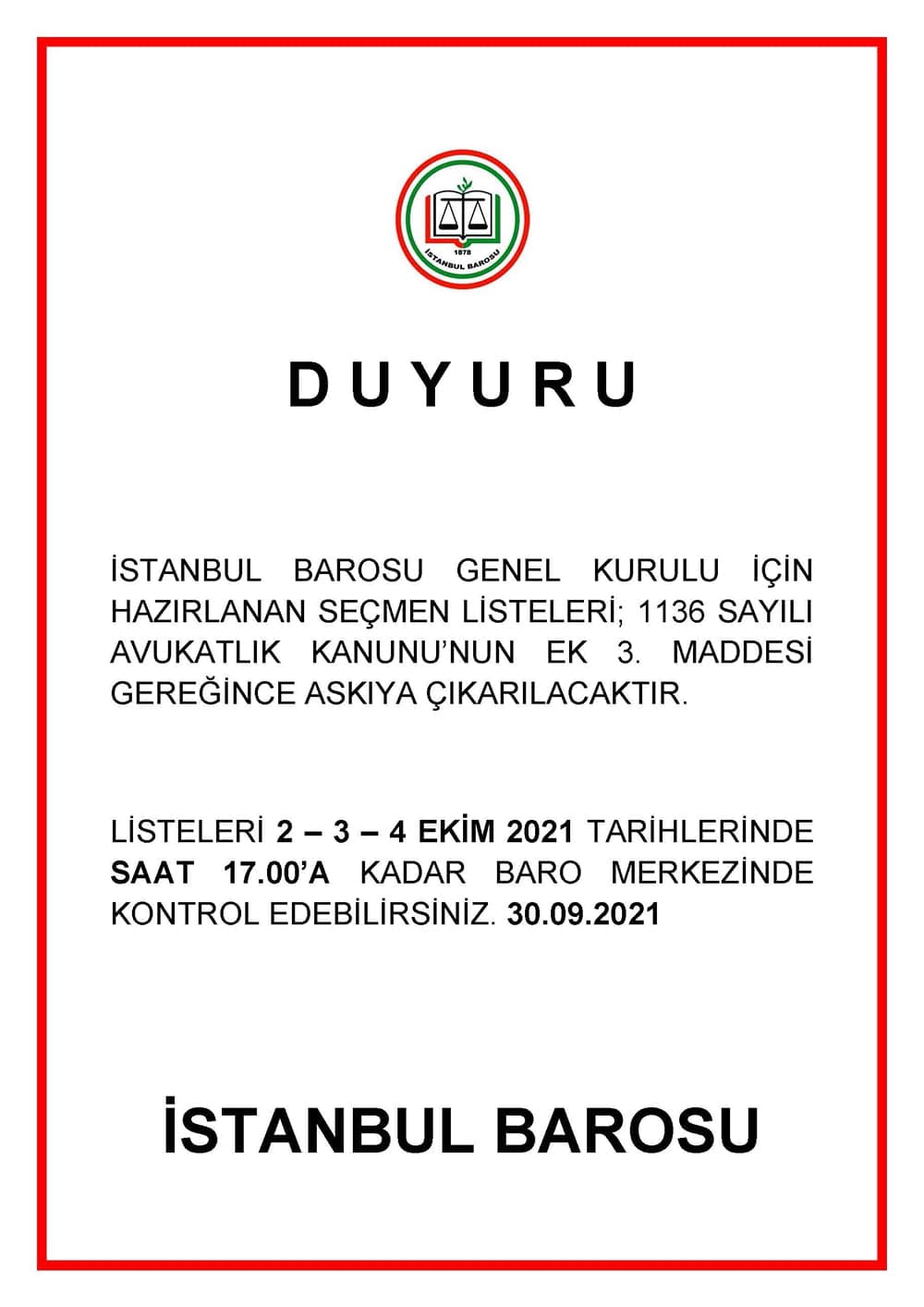 İstanbul Barosu Genel Kurulu Seçmen Listeleri Askı'ya Çıkıyor