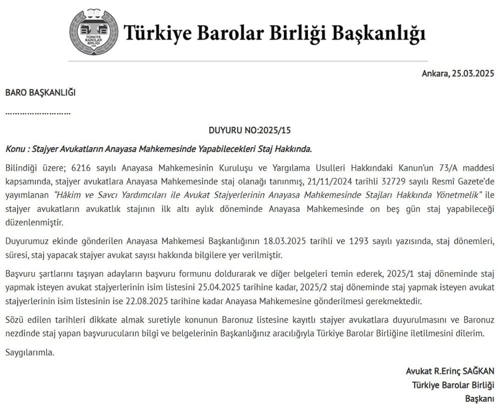 Stajyer Avukatların Anayasa Mahkemesinde Yapabilecekleri Staj Hakkında