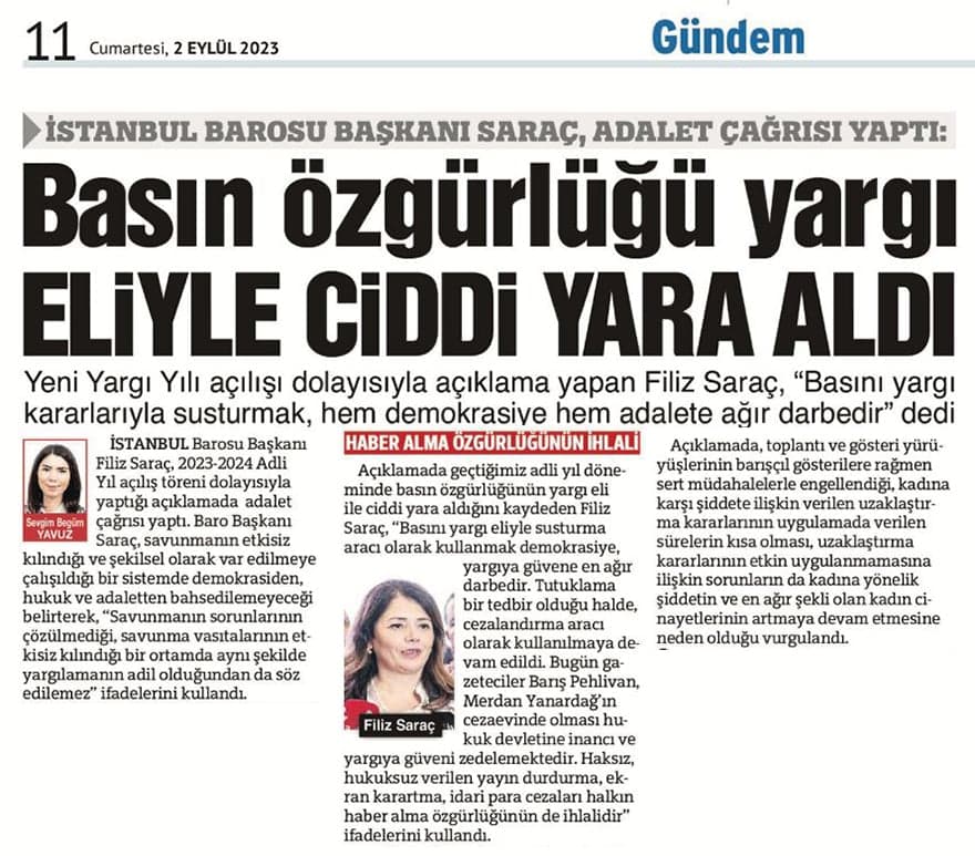 İstanbul Barosu Başkanı Av. Filiz Saraç'ın Adli Yıl Mesajı Sözcü'de