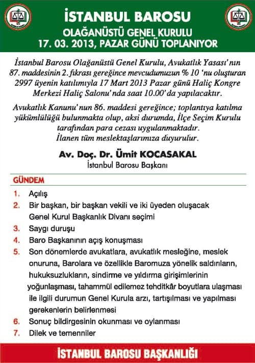 İstanbul Barosu Olağanüstü Genel Kurulu 17 Mart 2013 Pazar Günü Toplanıyor