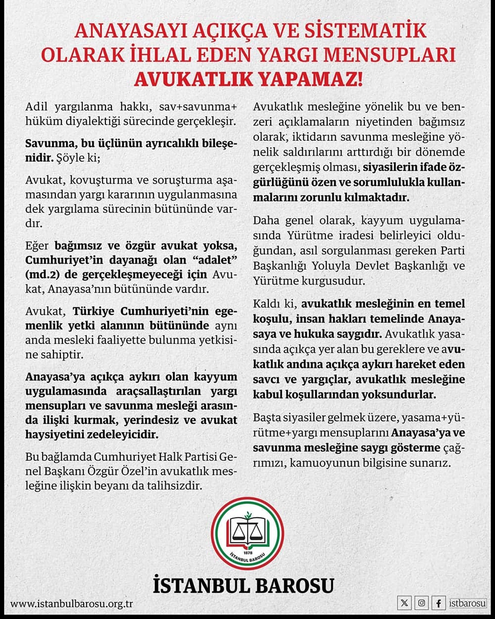 Anayasayı Açıkça ve Sistematik Olarak İhlal Eden Yargı Mensupları Avukatlık Yapamaz!
