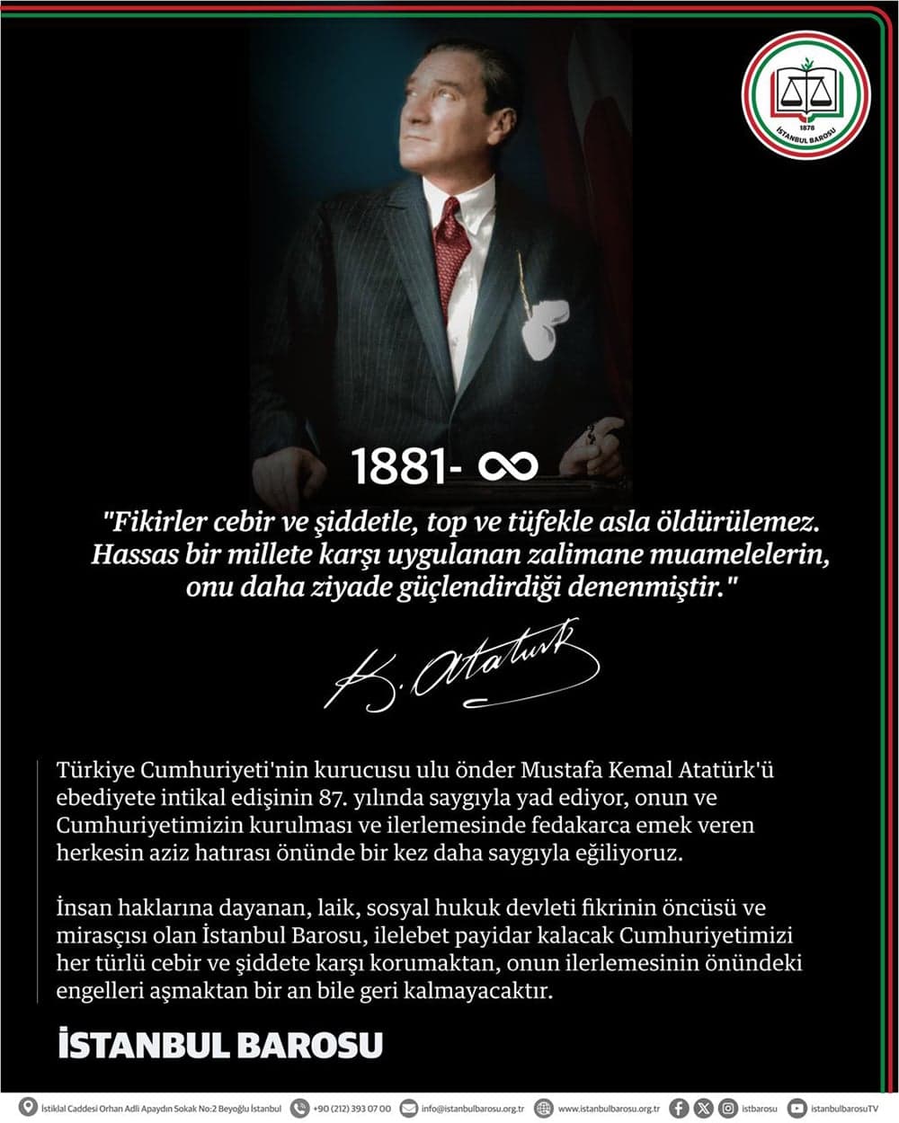 10 Kasım’ın 87. yıldönümünde Ulu Önder Mustafa Kemal Atatürk’ü saygı ve özlemle anıyoruz.
