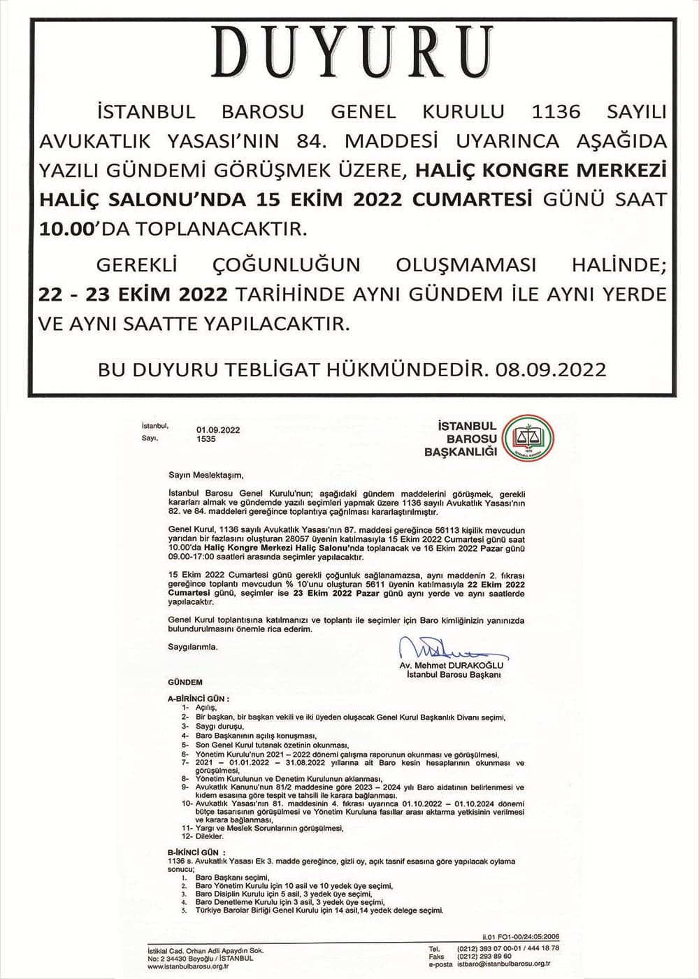 İstanbul Barosu Genel Kurulu Hakkında Duyuru