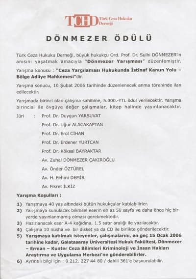 Türk Ceza Hukuku Derneğinden
Dönmezer Ödülü