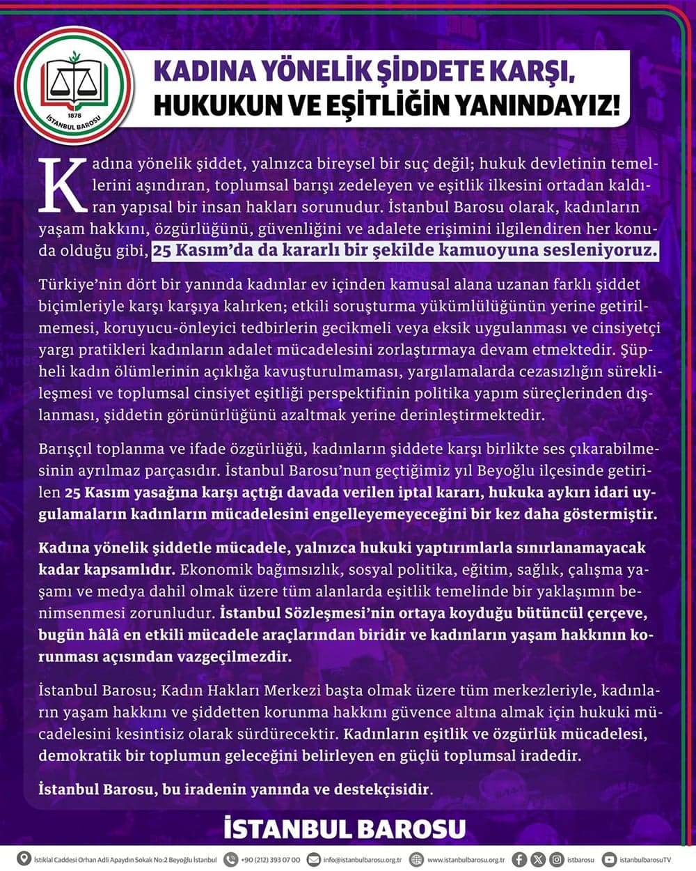 Kadına Yönelik Şiddete Karşı, Hukukun ve Eşitliğin Yanındayız!