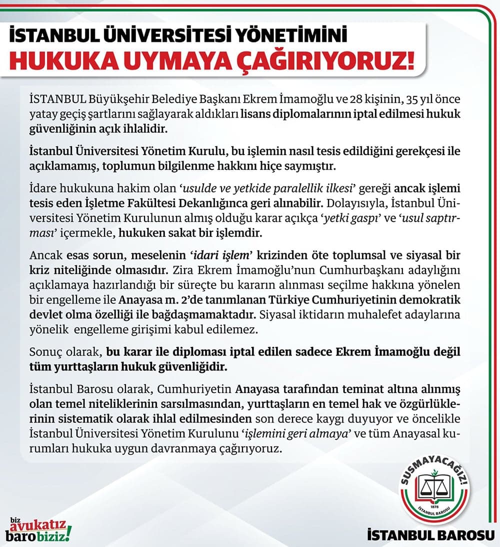 İstanbul Üniversitesi Yönetimini Hukuka Uymaya Çağırıyoruz