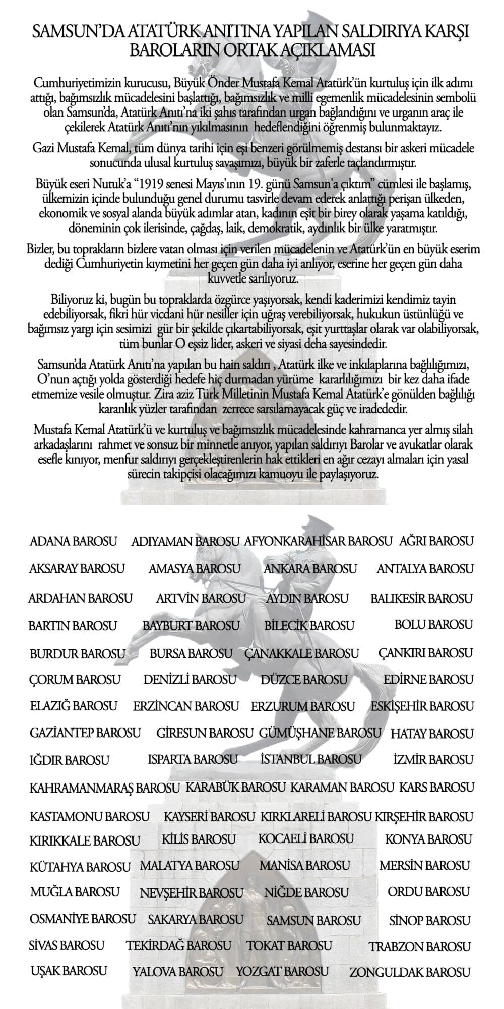 Samsun'da Atatürk Anıtına Yapılan Saldırıya Karşı Baroların Ortak Açıklaması