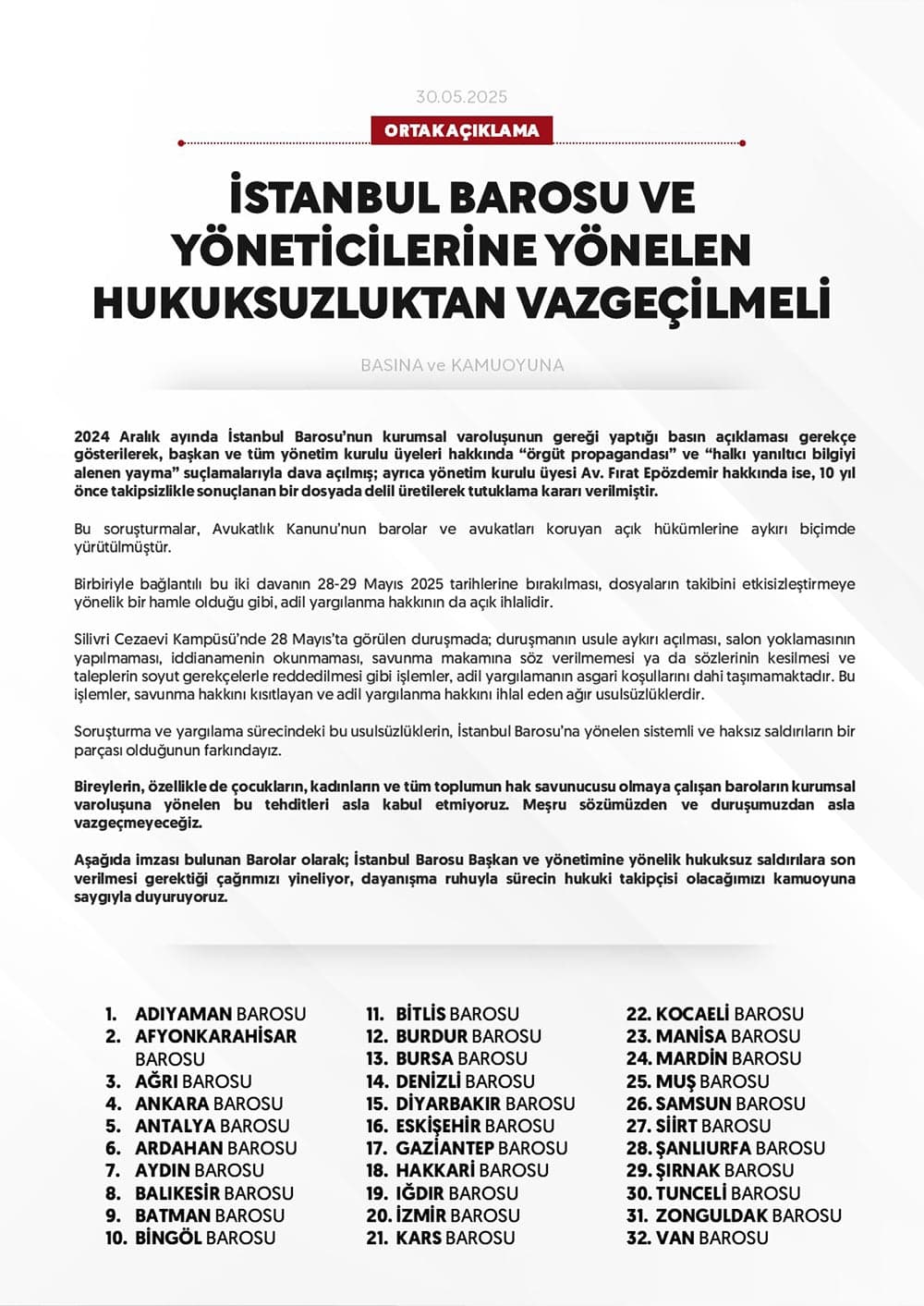 Ortak Açıklama: İstanbul Barosu ve Yöneticilerine Yönelen Hukuksuzluktan Vazgeçilmeli