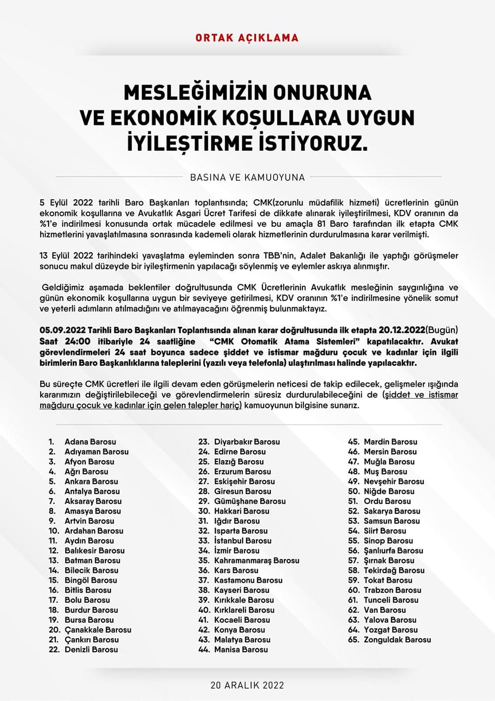 Mesleğimizin Onuruna ve Ekonomik Koşullara Uygun İyileştirme İstiyoruz