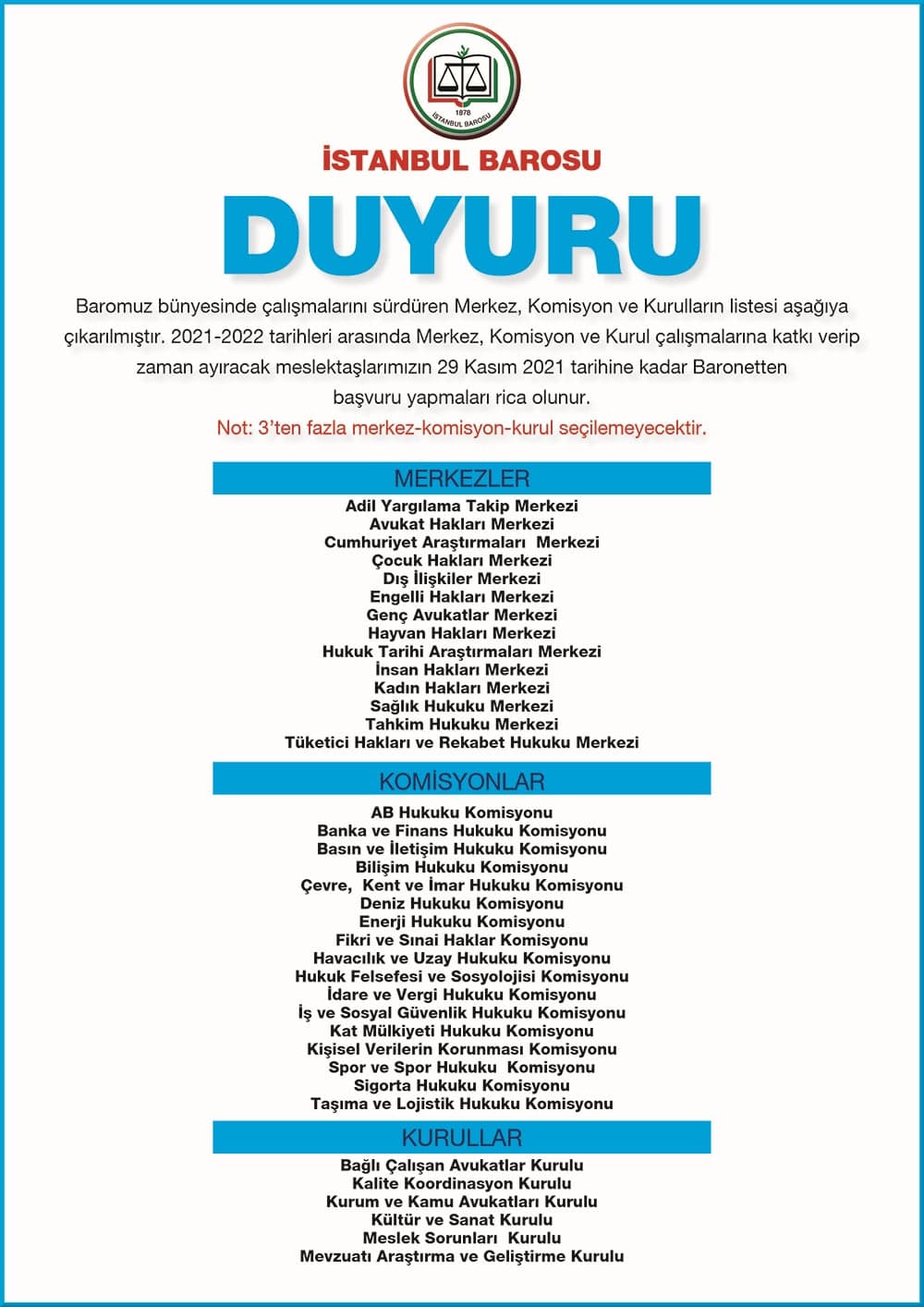 Merkez, Komisyon ve Kurul Seçimleri Hakkında Duyuru