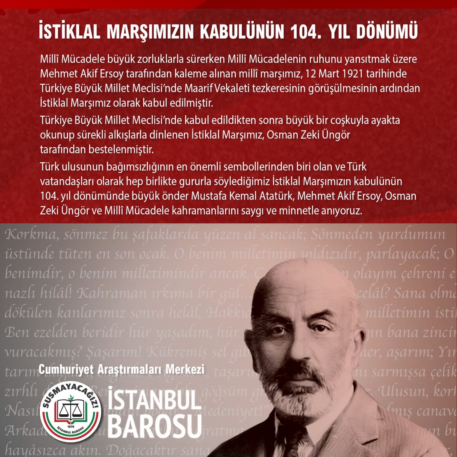 İstiklal Marşımızın Kabülünün 104. Yıl Dönümü