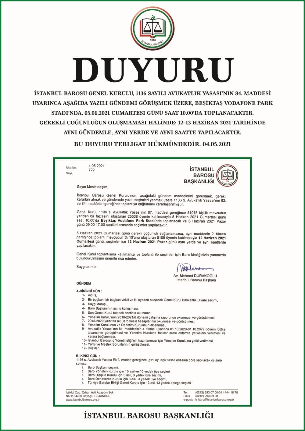 İstanbul Barosu Genel Kurulu Hakkında Duyuru