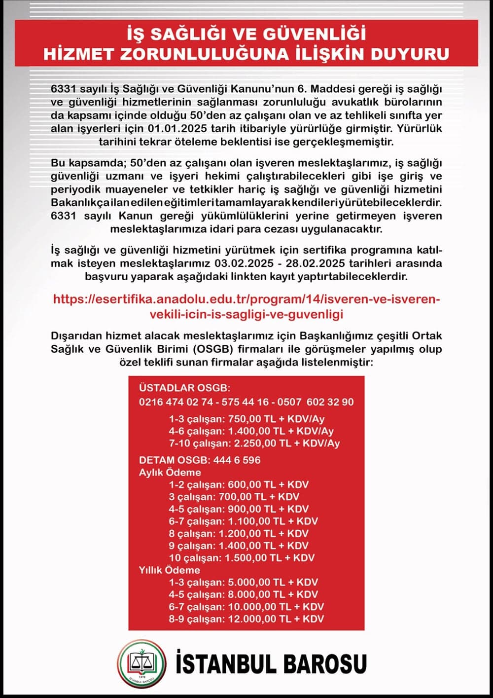 İş Sağlığı ve Güvenliği Hizmet Zorunluluğuna İlişkin Duyuru