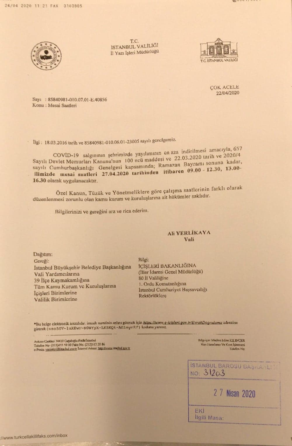 Mesai Saatleri Hakkında Duyuru