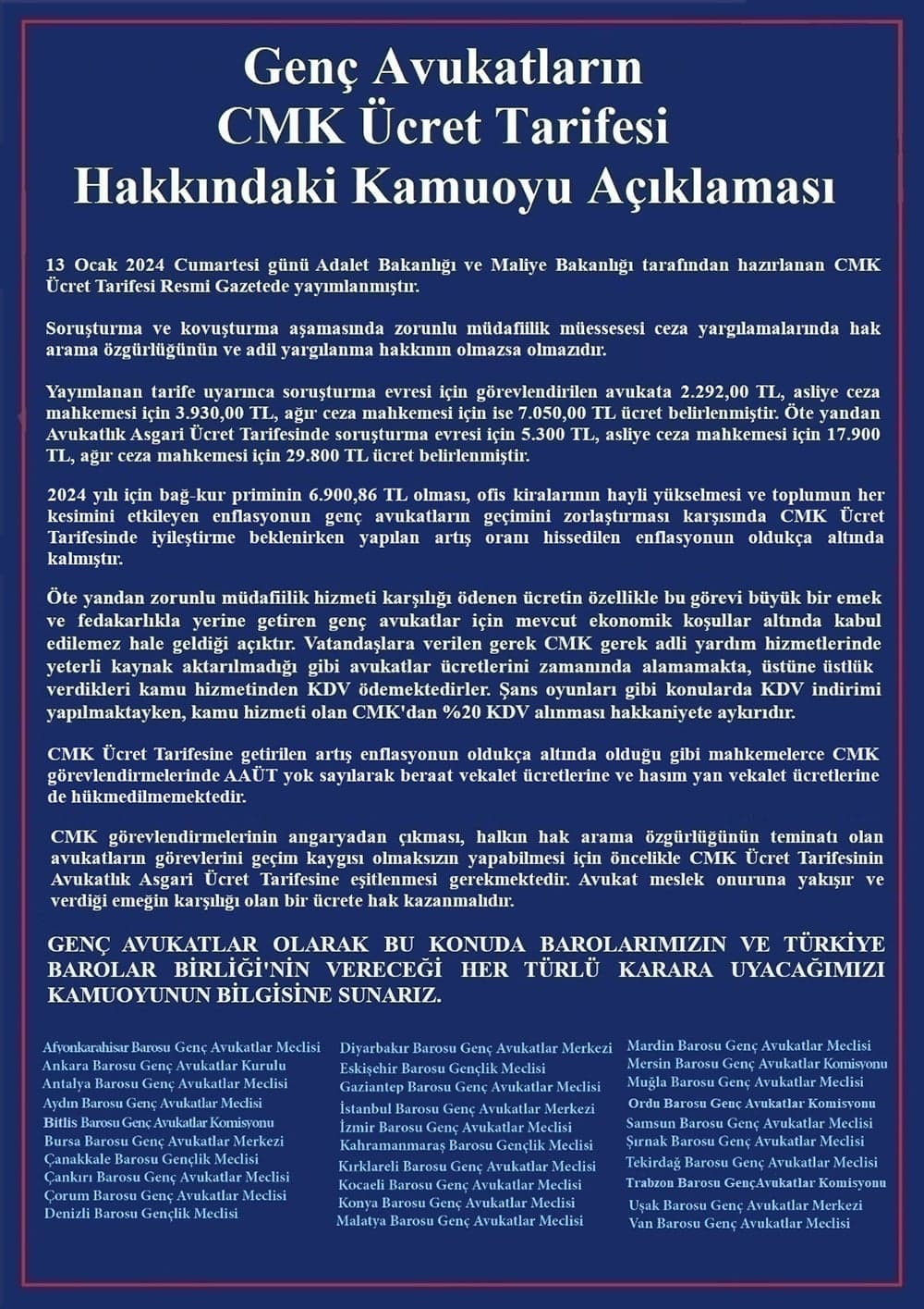 30 Baromuzdan Genç Avukatların CMK Ücret Tarifesi Hakkındaki Kamuoyu Açıklamasıdır