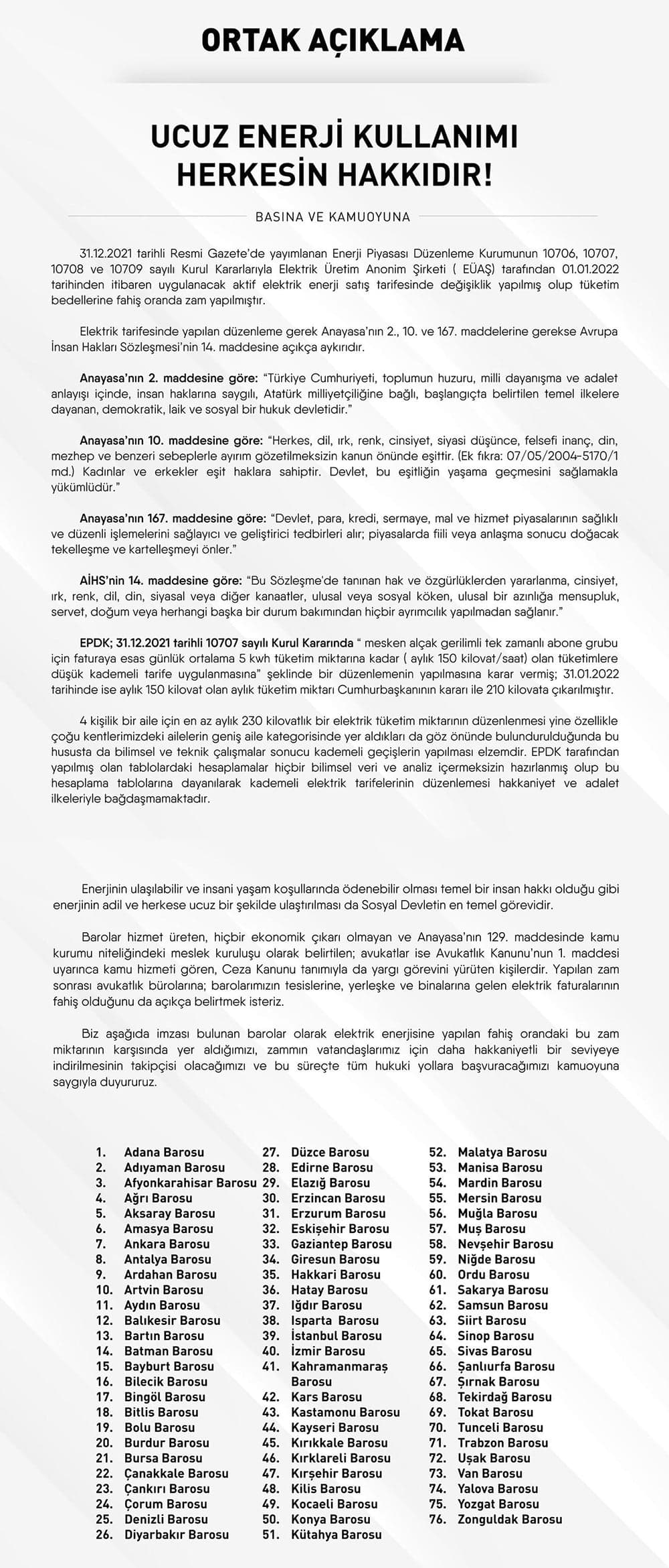 Ortak Basın Açıklaması: Ucuz Enerji Kullanımı Herkesin Hakkıdır!